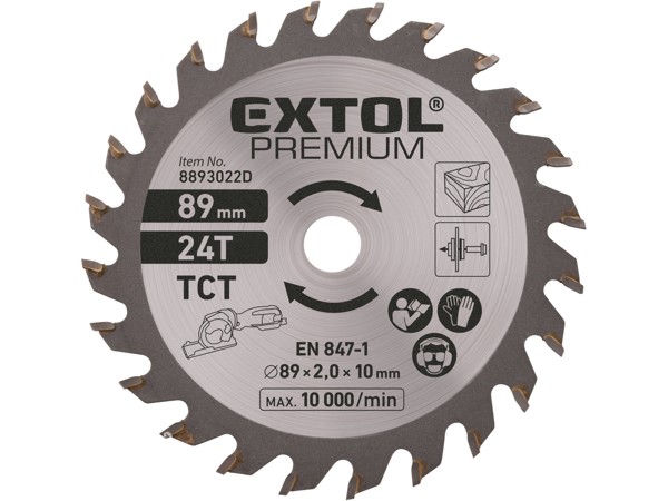 EXTOL PREMIUM kotouč pilový s SK plátky, ⌀89x1,0x10mm, 24T 8893022D