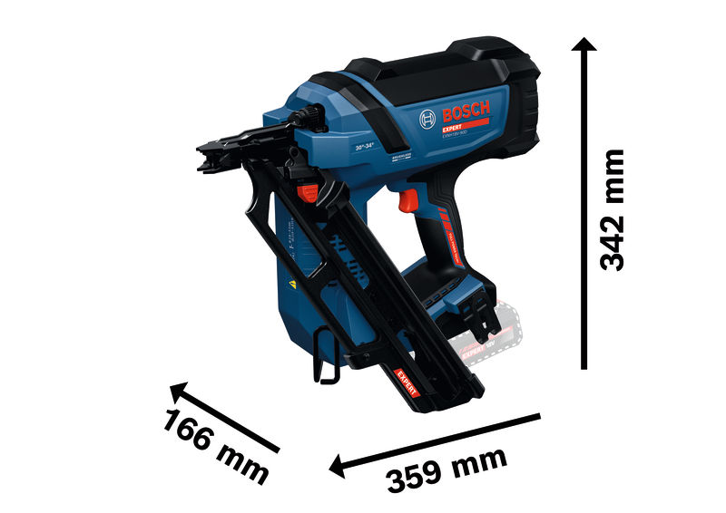 Akumulátorová hřebíkovačka na dřevo Bosch EXNH18V-90D s rozměry.