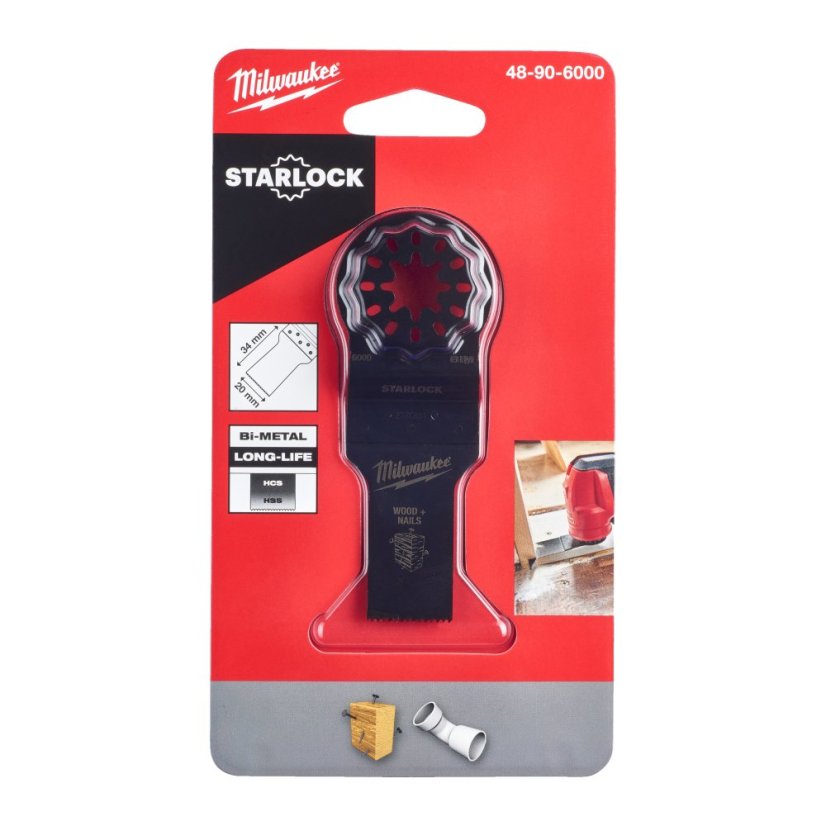 Milwaukee bimetalový nůž 20/34 mm pro ponorné řezy do dřeva s hřebíky zaručuje dlouhou životnost 48906000
