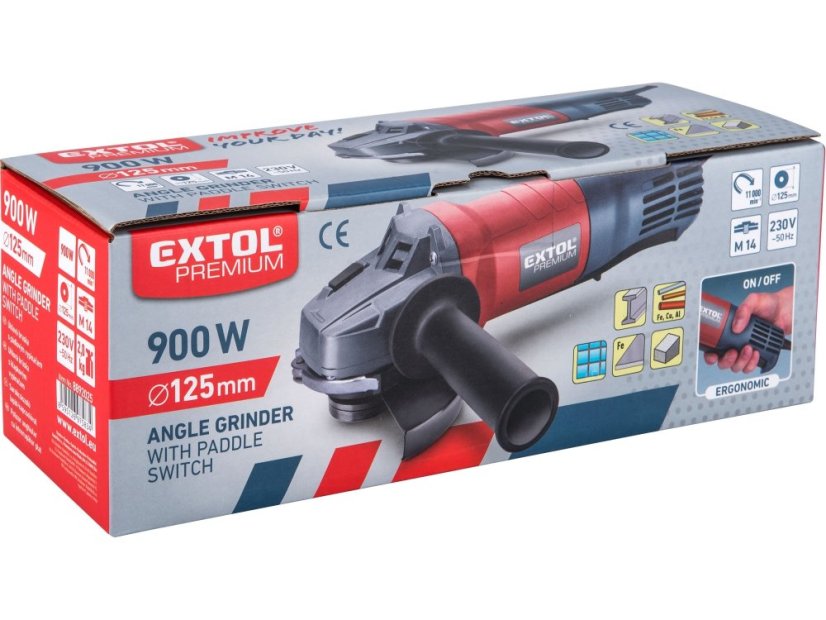 EXTOL PREMIUM 8892025 bruska úhlová s pádlovým vypínačem, 125mm, 900W