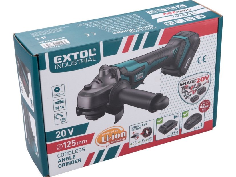 EXTOL INDUSTRIAL 8791840 bruska úhlová aku SHARE20V, 125mm, BRUSHLESS, 20V Li-ion, 2000mAh