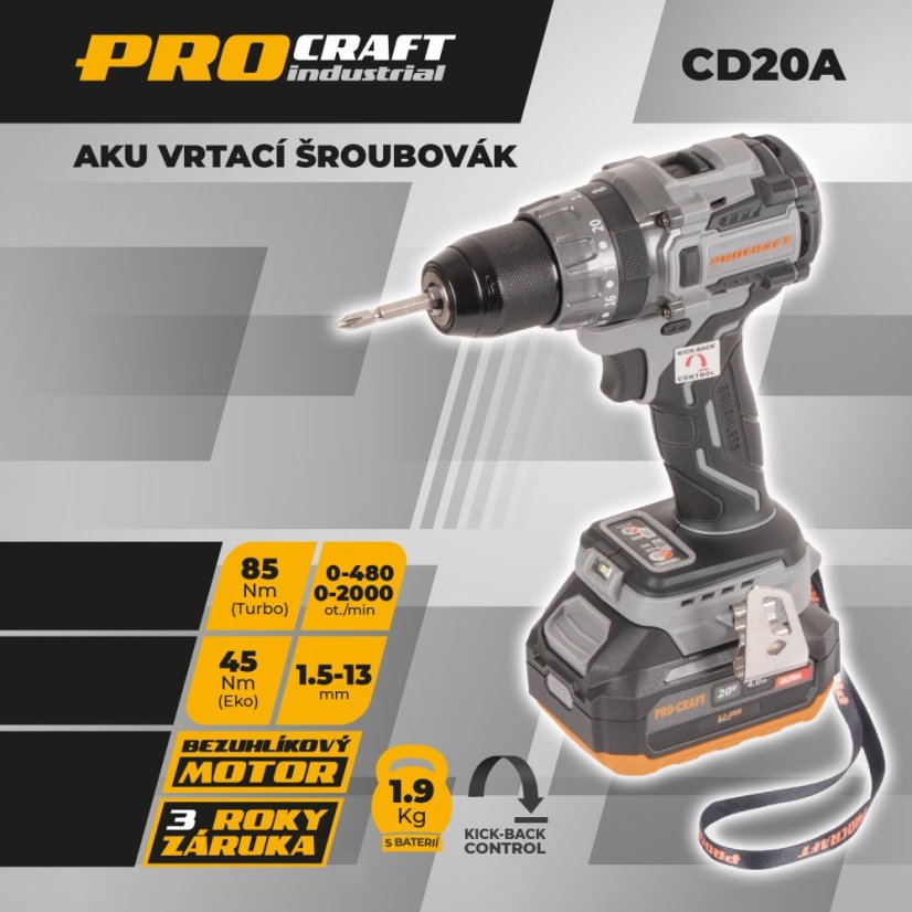 Procraft Industrial CD20A-1b-c aku příklepový vrtací šroubovák 20 V 1x4Ah