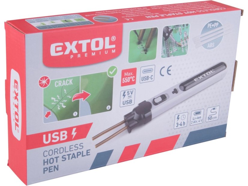 EXTOL PREMIUM svářečka sponkovací na plasty aku, USB nabíjení