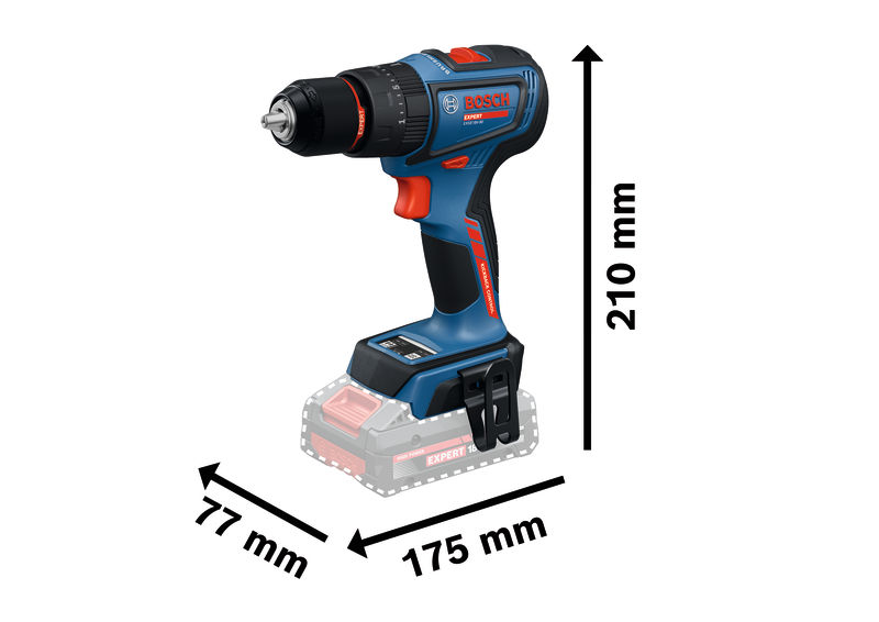 Akumulátorová kombinovaná vrtačka Bosch EXSB18V-90 s rozměry.