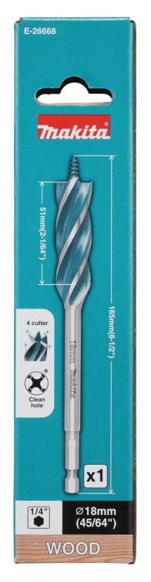 Makita E-26668 vrták do dřeva 18x165mm čtyřbřitý šestihran 1/4"