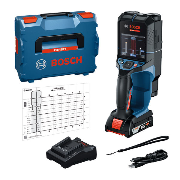 Nástěnný skener Bosch D-tect 18V-200 s pouzdrem a nabíječkou.