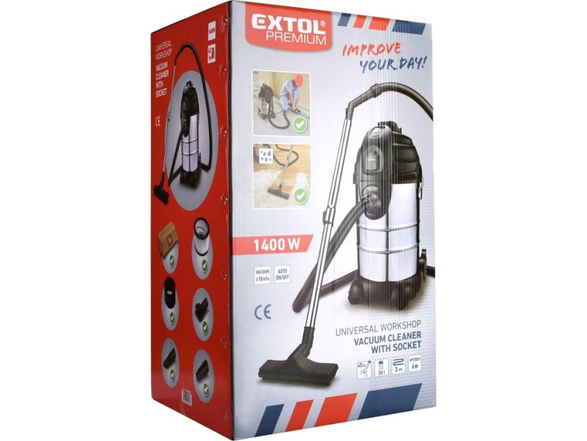 EXTOL PREMIUM 8895800 vysavač dílenský, multifunkční se zásuvkou a funkcí čištění filtru, 30l, 6m kabel, 3m hadice, 1400W