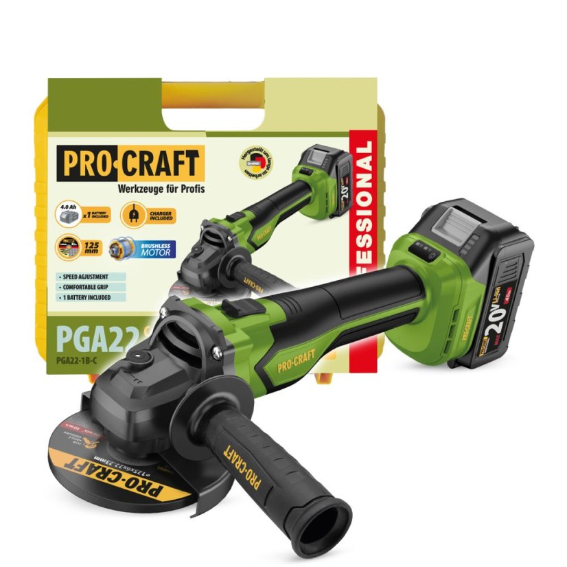 Procraft PGA22-1B-C aku úhlová bruska 125mm 20 V 1x4Ah Procraft PGA22-1B-C aku úhlová bruska 125mm 20 V 1x4Ah