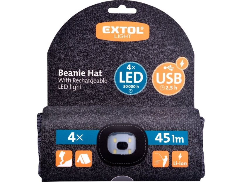 EXTOL LIGHT 43462 čepice s čelovkou 4x45lm, USB nabíjení, šedá/černá, univerzální velikost