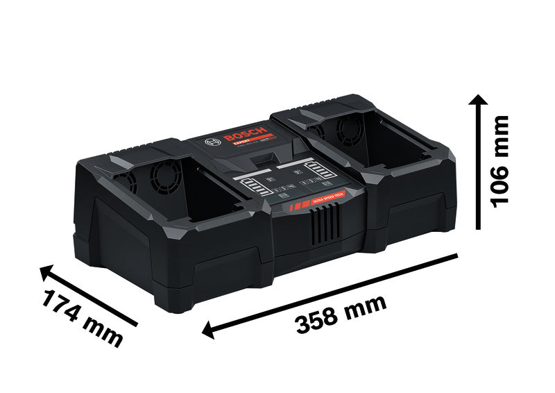 Duální nabíječka baterií Bosch EXAL18V2-320 s rozměry.