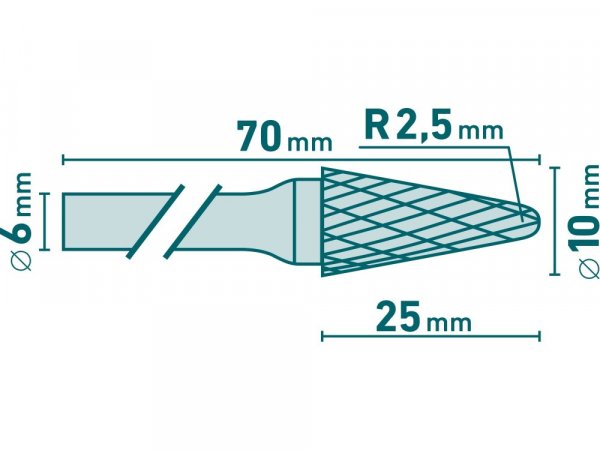 EXTOL INDUSTRIAL 8703784 fréza karbidová, konická 14° zakulacená, pr.10x25mm/stopka 6mm,sek střední (double-cut)