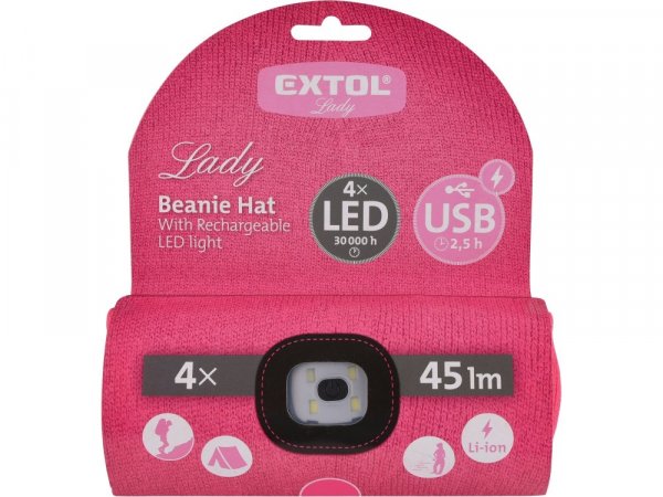EXTOL LIGHT 43193 čepice s čelovkou 4x45lm, USB nabíjení, růžová, univerzální velikost