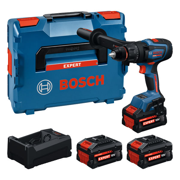 Sada akumulátorových vrtaček Bosch s 18V bateriemi a přepravním kufříkem.