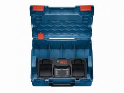 Duální nabíječka baterií Bosch 18V v modrém úložném pouzdře. Duální nabíječka baterií Bosch 18V v modrém úložném pouzdře.