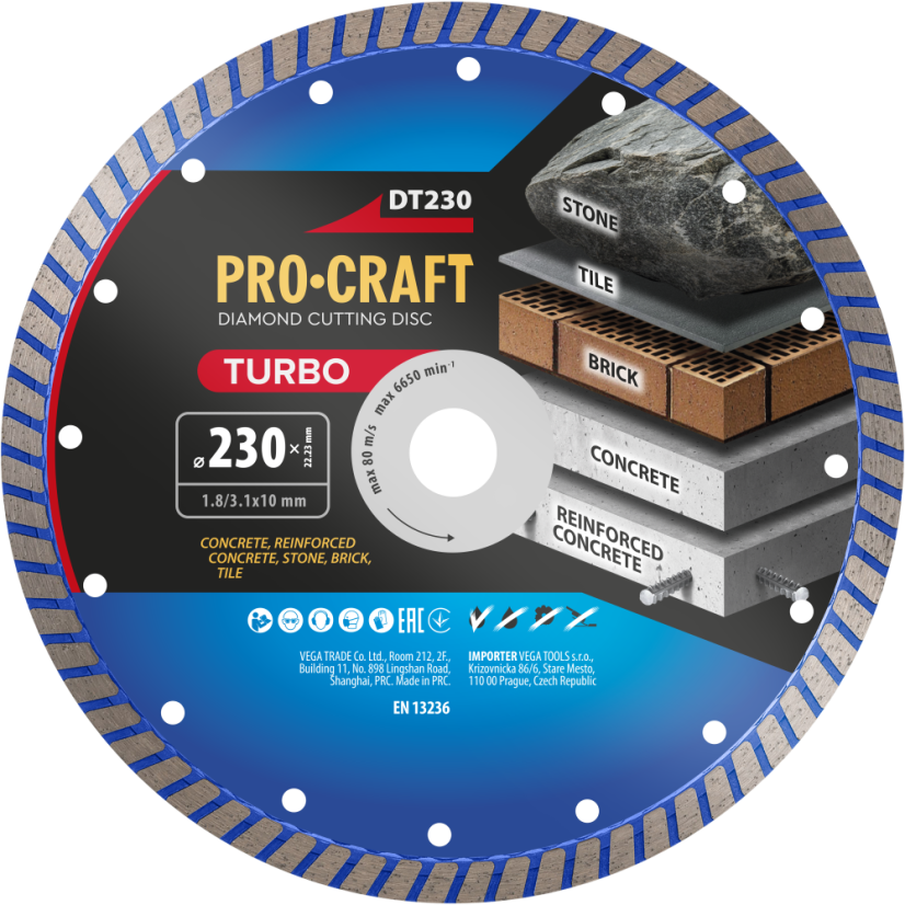Procraft DT230 diamantový řezný kotouč Turbo 230mm Procraft DT230 diamantový řezný kotouč Turbo 230mm