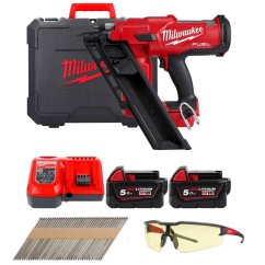 Milwaukee ELVINSET31 M18 FFN-502C aku hřebíkovačka 34° 50-90mm + hřebíky hladké 3,1x90mm D34 + ochranné brýle žluté 2x 5 Ah M18B5 4933471404