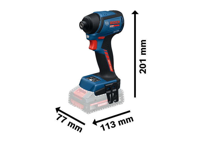 Akumulátorový rázový utahovák Bosch EXDR18V-230 s rozměry.