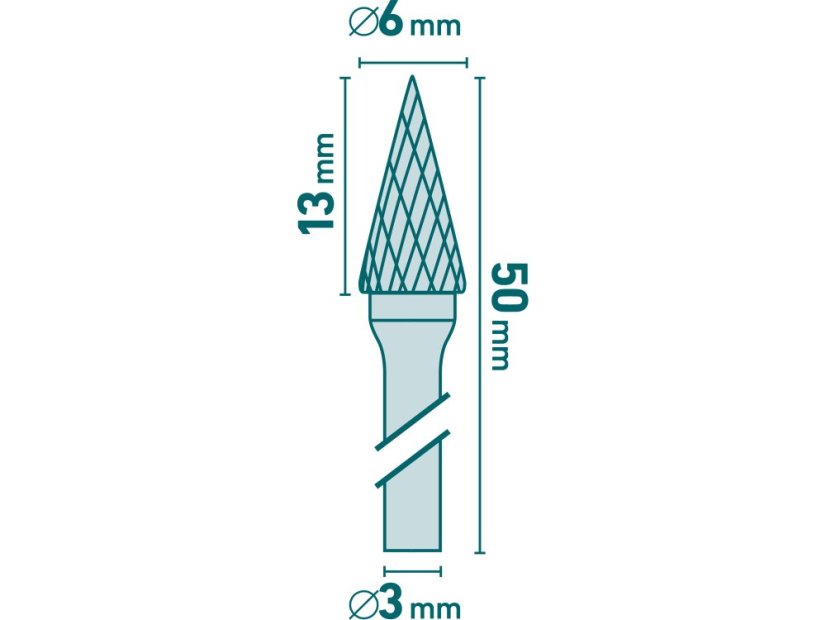 EXTOL INDUSTRIAL 8703893 fréza karbidová, konická-jehlan, ⌀6x13mm, ⌀stopky 3mm, sek střední (double-cut)