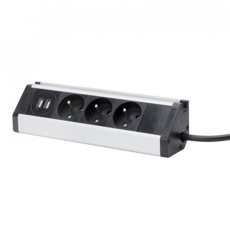 Solight PP104USB prodlužovací přívod, 3 zásuvky + 2X USB, 1,5m, 3 x 1mm2, hliník, rohový design