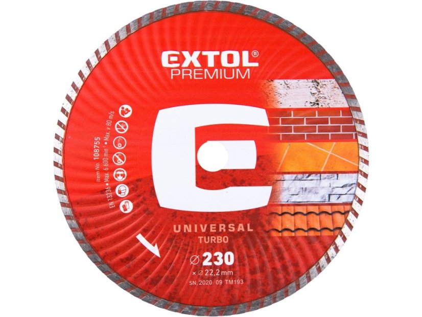 EXTOL PREMIUM 108755 kotouč diamantový řezný, turbo - suché i mokré řezání, O 230x22,2x2,8mm