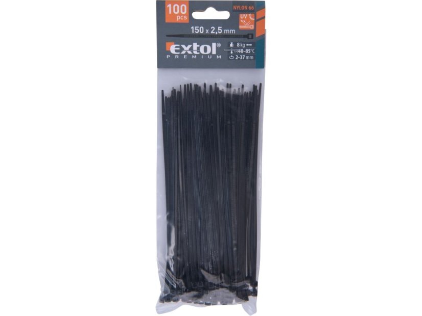 EXTOL PREMIUM 8856154 pásky stahovací na kabely černé, 150x2,5mm, 100ks, nylon PA66