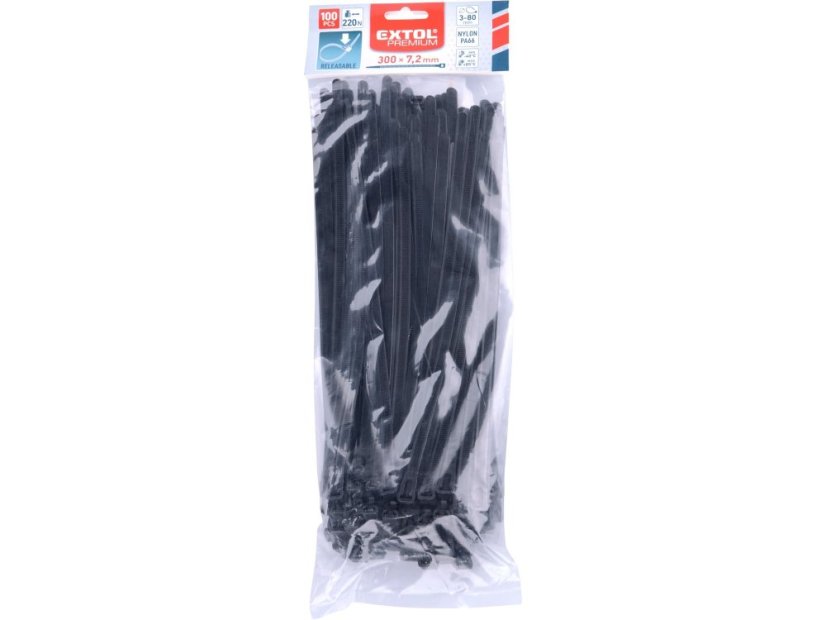 EXTOL PREMIUM 8856258 pásky stahovací černé, rozpojitelné, 300x7,2mm, 100ks, nylon PA66