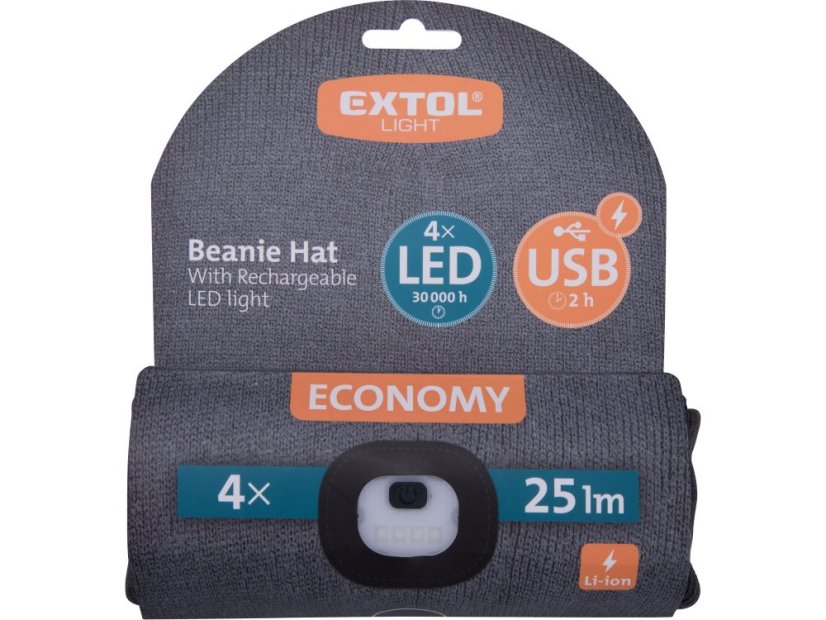 EXTOL LIGHT 43452 čepice s čelovkou 4x25lm, USB nabíjení, tmavě šedá, ECONOMY, univerzální velikost