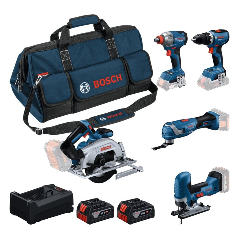 Bosch aku sada nářadí 18 V GSR 18V-65 + GDX 18V-285 + GKS 18V-57-2 + GOP 18V-34 + GST 18V-125 S + 2x 5.0Ah 0615A500BV