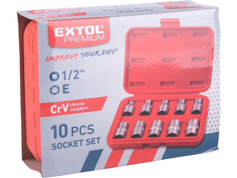 EXTOL PREMIUM 8818128 hlavice nástrčné vnitřní TORX, sada 10ks, 1/2", CrV/S2