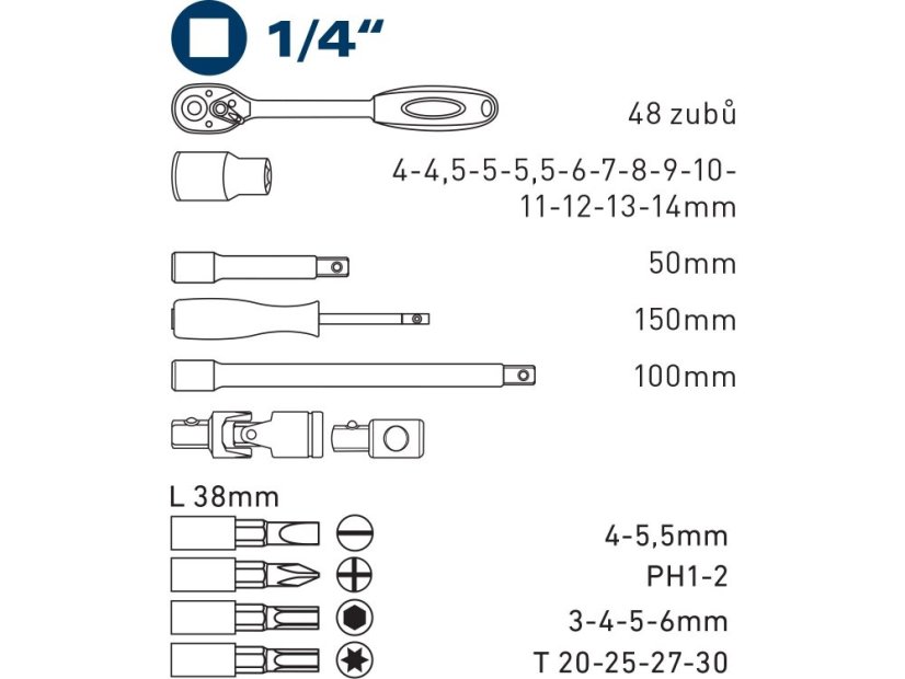 FORTUM 4700003 hlavice nástrčné a zástrčné, sada 31ks, 1/4"