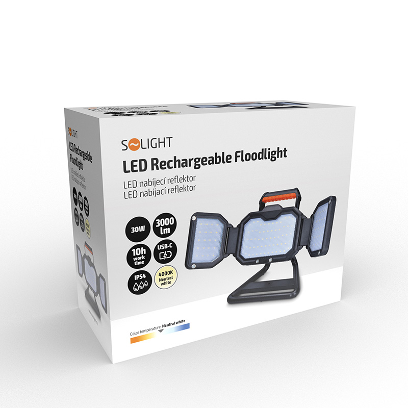 Solight WM-30W-RE LED reflektor 30W, přenosný, nabíjecí, 3000lm, oranžovo-černý