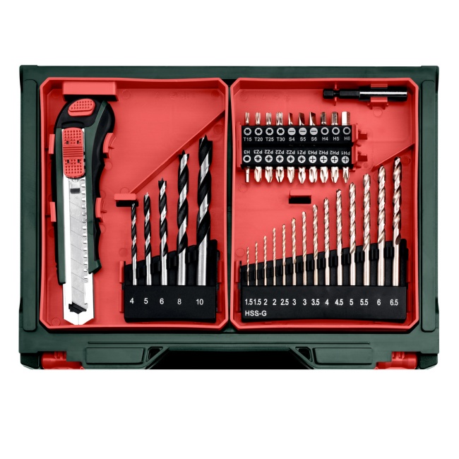 Metabo 600080710 PowerMaxx BS Basic Set aku vrtací šroubovák 12V 2x2Ah + 41 dílna sada vrtáků a bitů