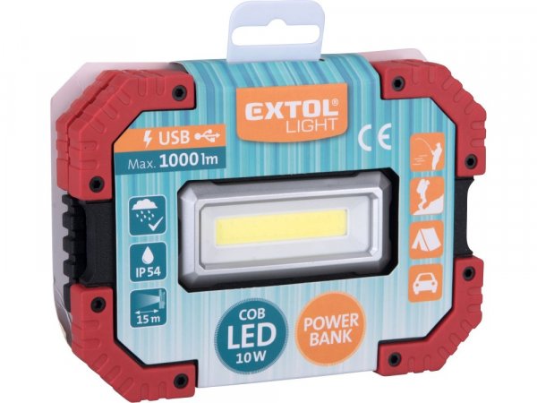 EXTOL LIGHT reflektor LED, 1000lm, USB nabíjení s powerbankou, Li-ion