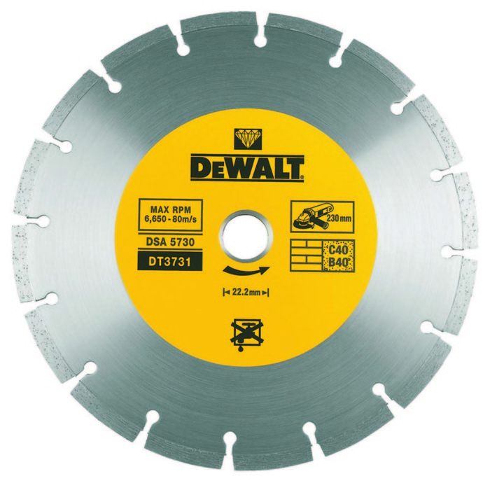 Dewalt DT3731 dia kotouč 230x22,2mm ze slinutých karbidů na suché řezání betonu a cihel Dewalt DT3731 dia kotouč 230x22,2mm ze slinutých karbidů na suché řezání betonu a cihel