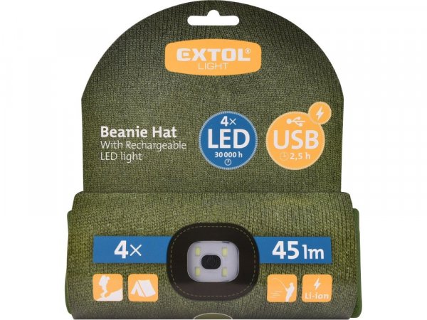 EXTOL LIGHT 43192 čepice s čelovkou 4x45lm, USB nabíjení, tmavě zelená, univerzální velikost