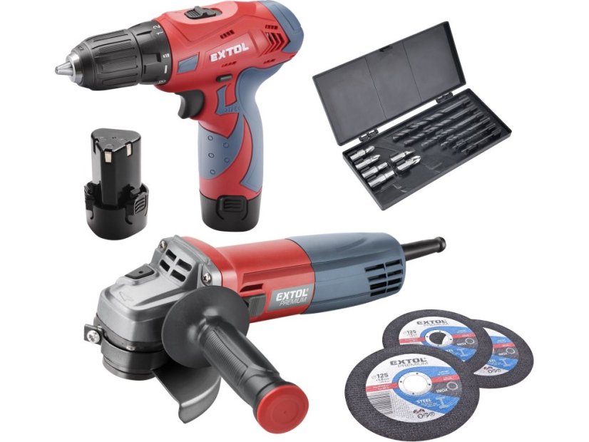 EXTOL PREMIUM 8898311 vrtací šroubovák aku, 12V Li-ion (2x) a bruska úhlová 125mm v plastovém boxu