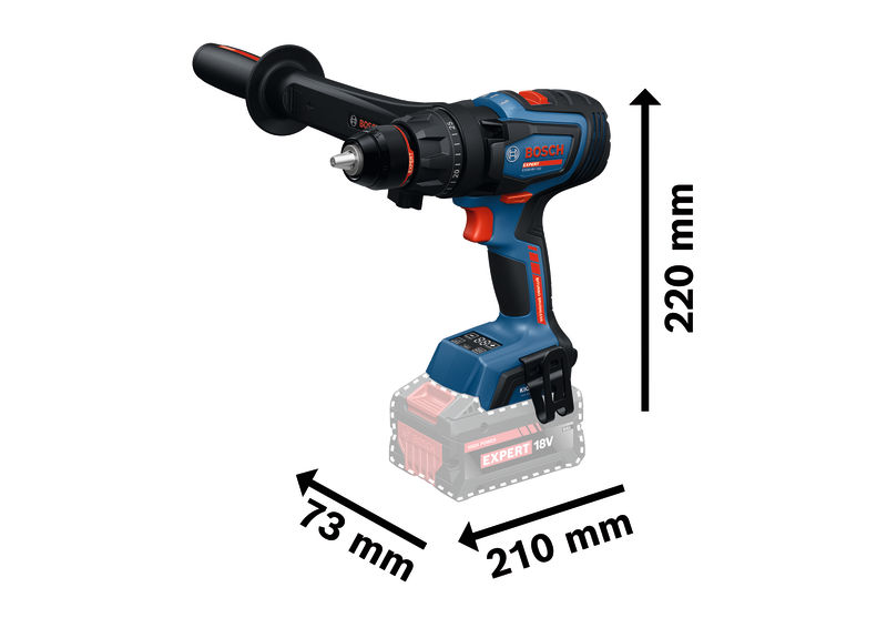 Akumulátorová kombinovaná vrtačka Bosch EXSB18V-150 s rozměry.