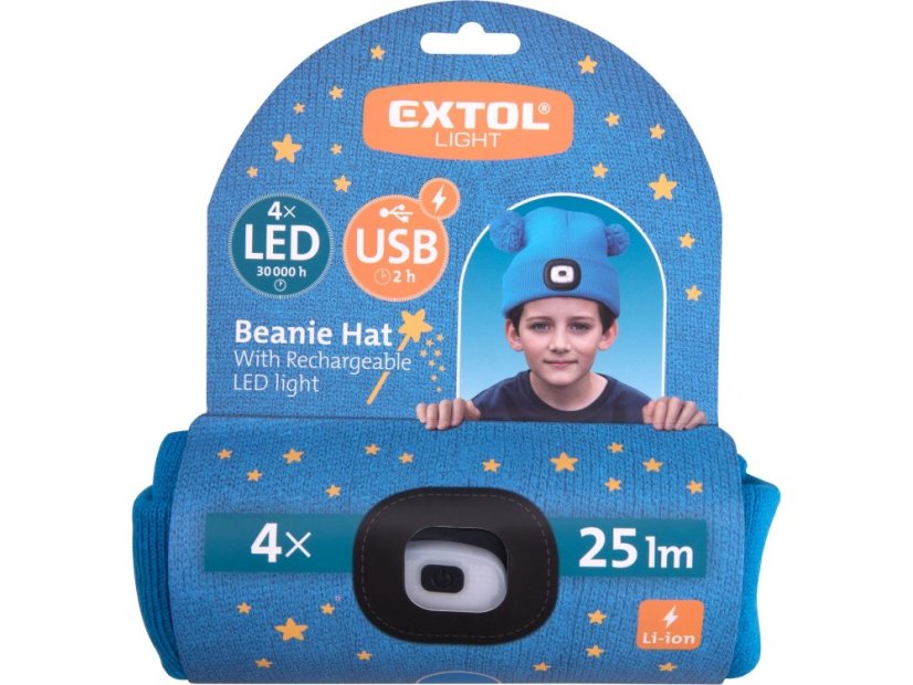 EXTOL LIGHT 43459 čepice s čelovkou 4x25lm, USB nabíjení, modrá s bambulemi, dětská