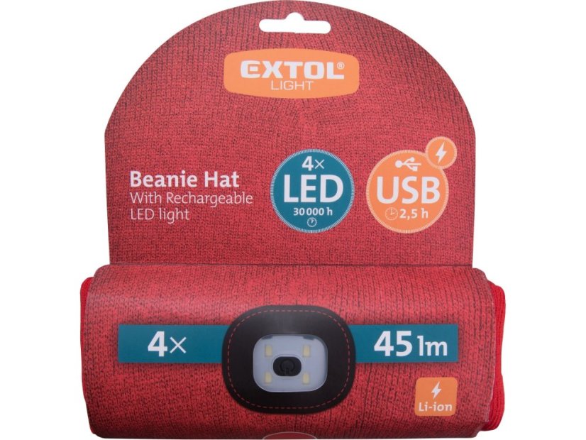 EXTOL LIGHT 43198 čepice s čelovkou 4x45lm, USB nabíjení, červená, univerzální velikost