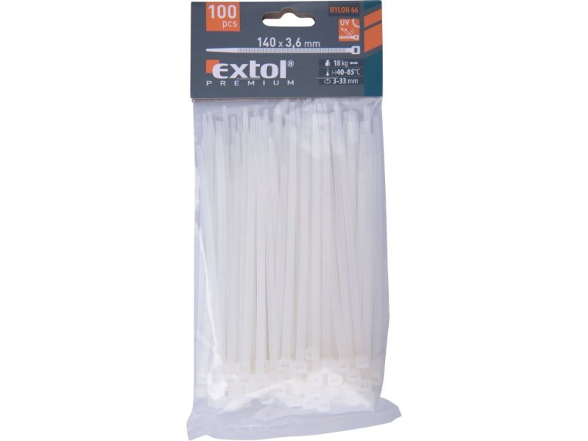 EXTOL PREMIUM 8856105 pásky stahovací na kabely bílé, 140x3,6mm, 100ks, nylon PA66