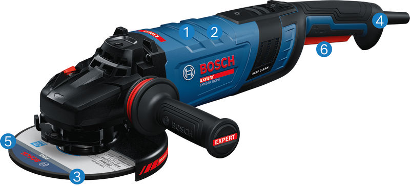 Úhlová bruska Bosch EXWS30-180PB s boční rukojetí.