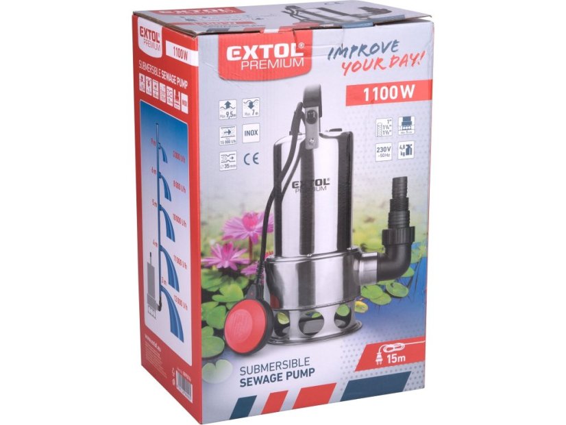 EXTOL PREMIUM 8895016 čerpadlo ponorné kalové, nerezové tělo, 1100W, 1600l/h, 15m kabel