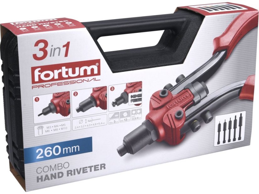 FORTUM 4770638 kleště nýtovací pákové COMBO, pro nýt. matice M3-M10 a trhací nýty 2,4-6,4mm