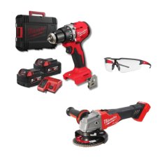Milwaukee ELVINSET27 M18 BLPDRC-502C aku příklepová vrtačka + M18 FSAG125X-0 aku uhlová bruska 125 mm + ochranné brýle čiré 2x 5 Ah M18 B5