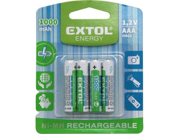 EXTOL ENERGY 42060 baterie nabíjecí, 4ks, AAA (HR03), 1,2V, 1000mAh, NiMh