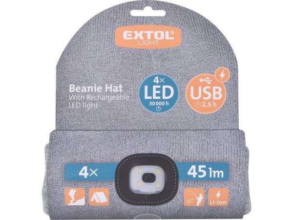 EXTOL LIGHT 43195 čepice s čelovkou 4x45lm, USB nabíjení, šedá, univerzální velikost