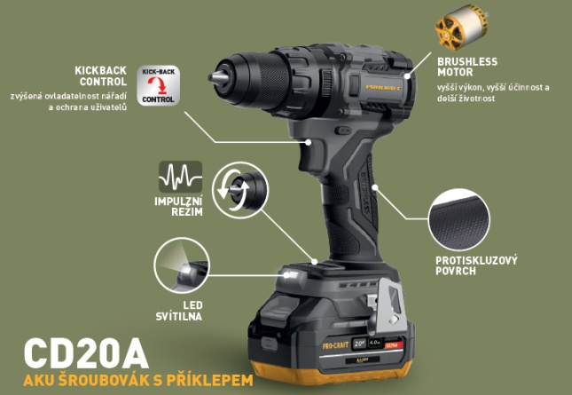 Procraft Industrial CD20A aku příklepový vrtací šroubovák 20 V 1x4Ah