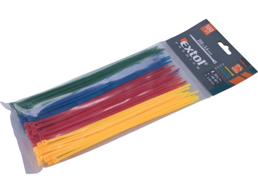 EXTOL PREMIUM 8856196 pásky stahovací barevné, 200x3,6mm, 100ks, (4x25ks), 4 barvy, nylon PA66