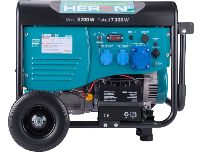 Heron 8896326 elektrocentrála benzínová a plynová (LPG/NG) 17HP/8,2kW, elektrický start, ATS ready, podvozek