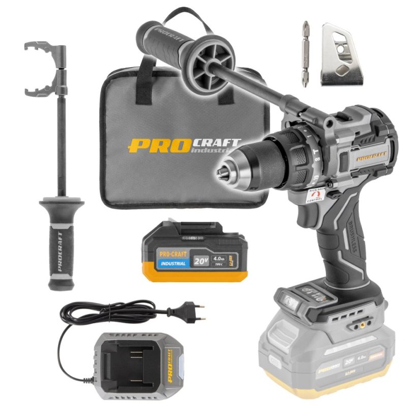 Procraft Industrial SCD20C-BB/20/4 Industrial/C20/2/BI500  Sada aku vrtací šroubovák s příklepem  CD20C + 1x aku bateri 20 V 4 Ah, nabíječka C20/2 a taška BI500